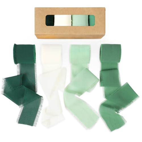 Roahosy 4 Rollen grünes, handgefertigtes Chiffonband, 4 cm x 21 m, Fransen-Seidenbänder für Hochzeitseinladungen, Geschenke, Verpackung, Brautsträuße, Basteln, Party-Dekorationen von Roahosy