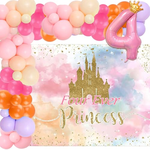 Castle Four Ever a Princess Geburtstagsdekorationen Rosa Gold Prinzessin Burgen Ballon Girlande Krone Nummer 4 Folienballons Banner für 4 Jahre alt Geburtstag Party Dekor Supplies von Roaring Good Time