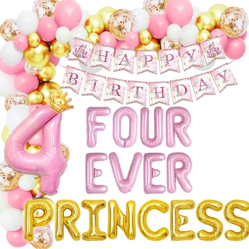 Four Ever a Princess Geburtstagsdekorationen Rosa Gold Prinzessin Burgen Ballon Girlande Krone Nummer 4 Folienballons Banner für 4 Jahre alt Geburtstag Party Dekor Supplies von Roaring Good Time