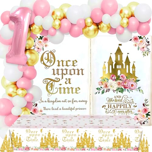 Princess First Birthday Decoration Once Upon a Time Backdrop Pink Floral Gold Castle Princess Fairytale Birthday Party Decoration von Roaring Good Time