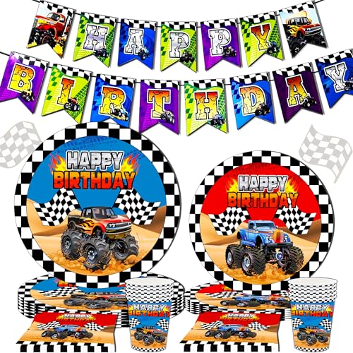 Roaring Good Time 52 Stück Monster Truck Geburtstagsbanner Monster Truck Party Teller und Servietten Smash and Crash Dekoration Monster Truck Party Supplies Derby Geburtstag Dekorationen von Roaring Good Time