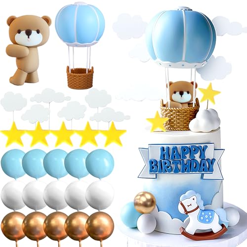 Roaring Good Time Blau Bär Tortendeko Blau Gold Kugeln Cake Topper Heißluftballons Bären Tortendeko Geburtstag Babyparty Tortendeko von Roaring Good Time