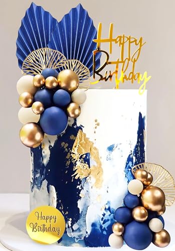 Roaring Good Time Champagner Tortendekoration Blaue Kugeln Tortendekoration Silberne Palmblätter Tortenaufleger Bohemian Blau Gold Kugel für Hochzeit Geburtstag Geburtstag Jubiläum von Roaring Good Time