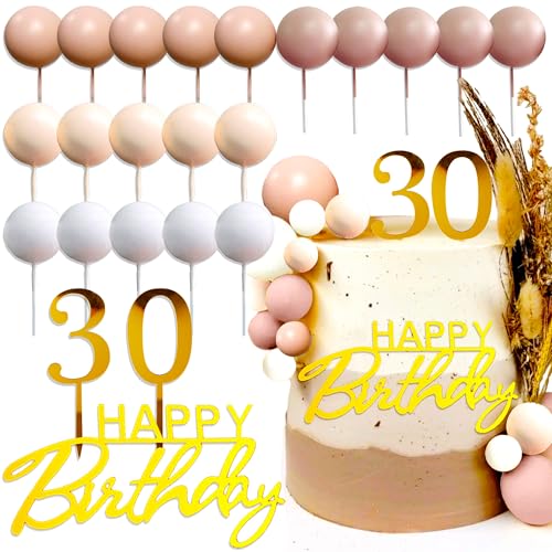 Roaring Good Time Boho Geburtstag Deko 30 Geburtstag Tortendeko Topper Beige Weiß Kugeln Cake Topper Happy Birthday Zeichen Cake Topper Zahl 30 Cake Topper für Geburtstagsdeko Frauen von Roaring Good Time