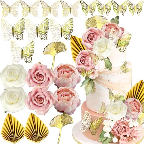 Roaring Good Time Boho Kuchen Topper Blume Kuchen Dekorationen Rosa Weiß Kuchen Dekorationen Schmetterling Palmblätter für Hochzeit BabyDusche Geburtstag Party Supplies von Roaring Good Time