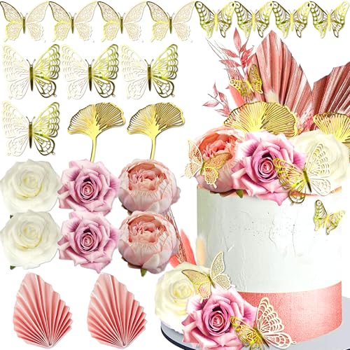 Roaring Good Time Boho Kuchen Topper Blume Kuchen Dekorationen Weiß Rosa Kuchen Dekorationen Palmblätter Schmetterling für Hochzeit BabyDusche Geburtstag Party Supplies von Roaring Good Time