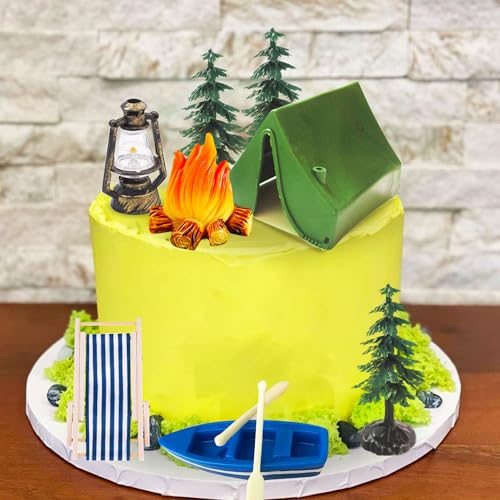 Roaring Good Time Camping Kuchen Dekoration Camp Deco Lagerfeuer Kanu Baum Eichhörnchen Hirsch Dekoration Camping geburtstagstorte für Sommer Camping Picknick Wandern Abenteuer Party von Roaring Good Time