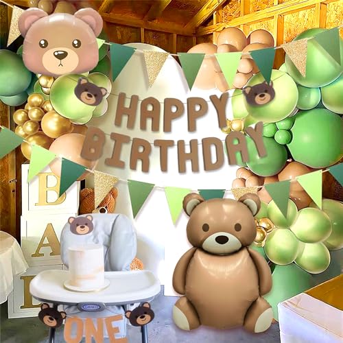 Grün Bär Geburtstag Bear Geburtstagsdeko 1 Jahr Junge Erster Geburtstag Junge Geburtstagsdeko Boho Deko Geburtstagsmütze Bären Folienballon für 1 Jahre Jungen Geburtstag Partydeko von Roaring Good Time