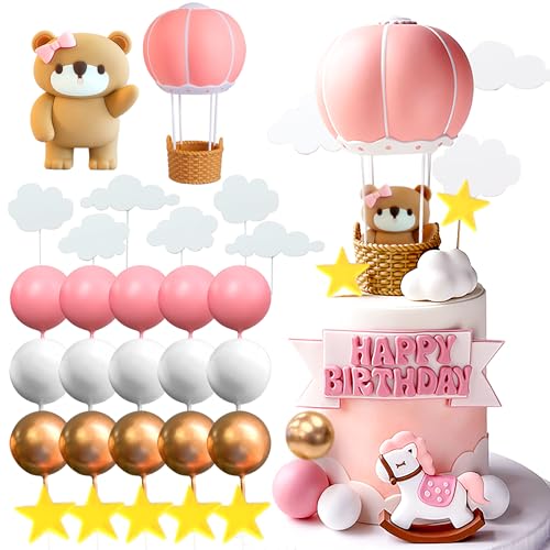 Roaring Good Time Rosa Bär Tortendeko Baby Bär Baby Shower Cake Topper Heißluftballons Tortendeko Baby Shower Geburtstag Kuchen Dekoration von Roaring Good Time