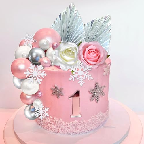 Roaring Good Time Rosa Schneeflocke Kuchen Dekorationen Winter Onederland Kuchen Dekorationen Blumen Kugeln Kuchen Topper für Hochzeit Dekoration und Winter Themed Birthday Party Supplies von Roaring Good Time