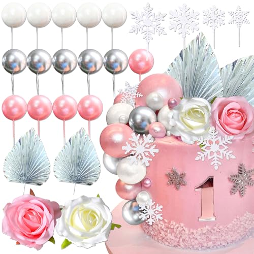 Roaring Good Time Rosa Schneeflocken Kuchendekoration Winter Onederland Kuchendekoration Blumen Kugeln Cake Topper für Hochzeit Dekoration und Winter Themed Birthday Party Supplies von Roaring Good Time