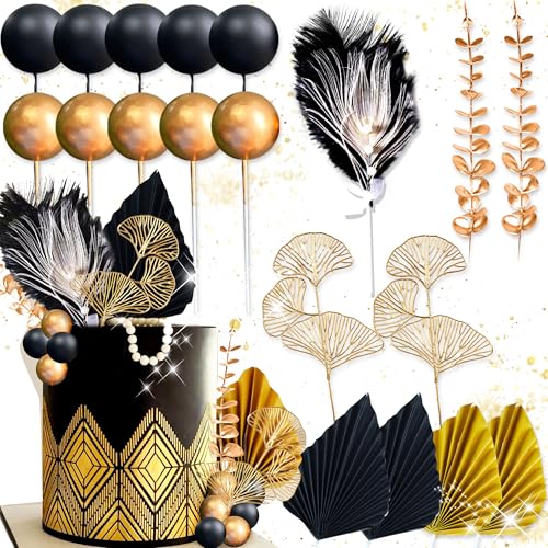 Roaring Good Time Schwarz Gold Kugeln Kuchen Topper Gold Blätter Kuchen Dekoration Abschlussball Kuchen Dekoration Brüllende 20er Jahre Kuchen Dekoration 1920er Jahre Party Supplies Silvester Party von Roaring Good Time