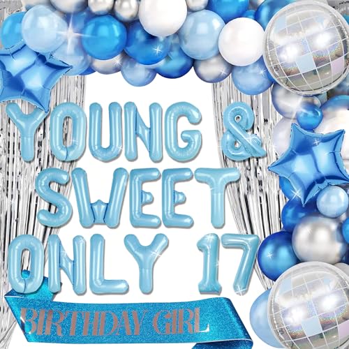 Roaring Good Time Young and Sweet Only 17 Ballon Young and Sweet Only 17 Geburtstag Dekoration Dancing Queen 17 Dekoration Silber Blau Disco Luftballons Disco Geburtstag Banner Crown Queen Luftballons von Roaring Good Time