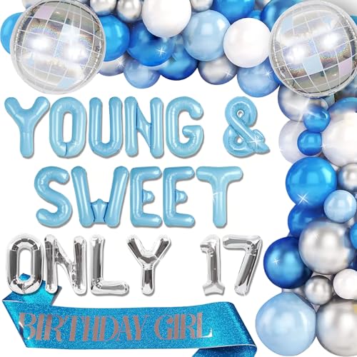 Roaring Good Time 17. Geburtstag Dekorationen Young and Sweet Only 17 Ballon Geburtstagsdeko 17 Jahre Mädchen Junge Disco Luftballons Dancing Queen 17 Dekoration 17 Geburtstag Deko Blau von Roaring Good Time