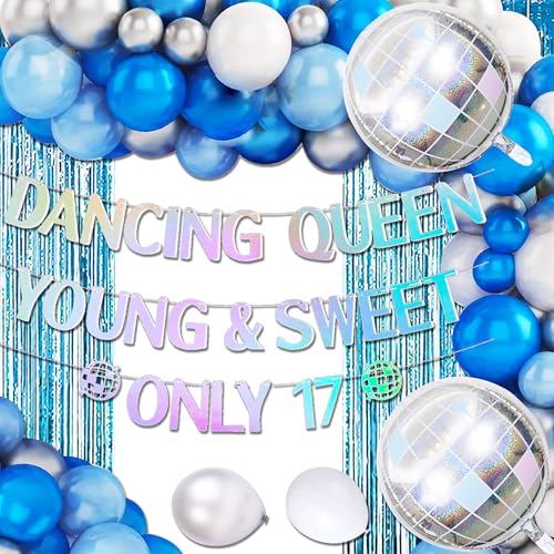 Roaring Good Time Silber Blau Young and Sweet Only 17 Geburtstag Dekoration Young and Sweet Only 17 Banner Dancing Queen 17 Dekoration Disco Luftballons Geburtstag Banner Crown Queen Luftballons von Roaring Good Time