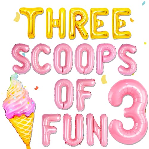 Three Scoops of Fun Birthday Decorations for Girls Three is So Sweet Birthday Balloons 3rd Birthday Decoration Backdrop for Girl Summer Ice Cream Theme von Roaring Good Time