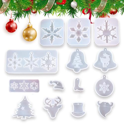 RobLuX 14 Stück Weihnachten Resin Silikon Epoxidharz Formen Set Weihnachten Anhänger Resin Silikonformen Schneeflocke Elch Schneeflocke Silikon Form DIY Christmas Resin Molds Hängeornamente von RobLuX