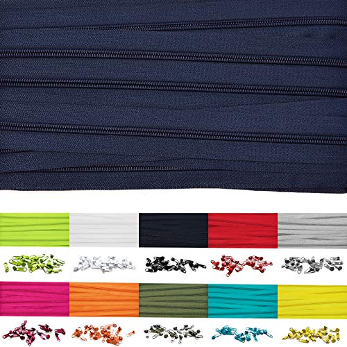 Roban Fashion 50m Endlos Reißverschluss Spirale 5mm mit 100 Zipper Meterware in 24 Farben,50m+100Zipper,Dunkelblau von Roban Fashion