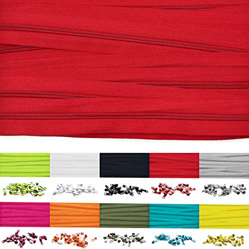 Roban Fashion 50m Endlos Reißverschluss Spirale 5mm mit 100 Zipper Meterware in 24 Farben,50m+100Zipper,Rot von Roban Fashion