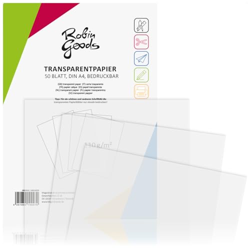 Robin Goods® 50 Blatt Premium Transparentpapier DIN A4, 110g/m², Super Qualität, bedruckbar, Bastelpapier, Pauspapier, Pergamentpapier, Architektenpapier (50 Blatt - transparent) von Robin Goods