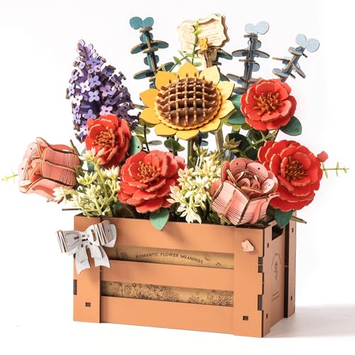 ROBOTIME Blumen 3D Holzpuzzle Erwachsene: Holzbausatz Basteln DIY Blumen Modelbausatz Künstliche Blumenstrauß Modell Kits Holz Puzzle Bausatz Frauen Valentinstag Geburtstag Deko mit Holzkiste TW02H von Robotime