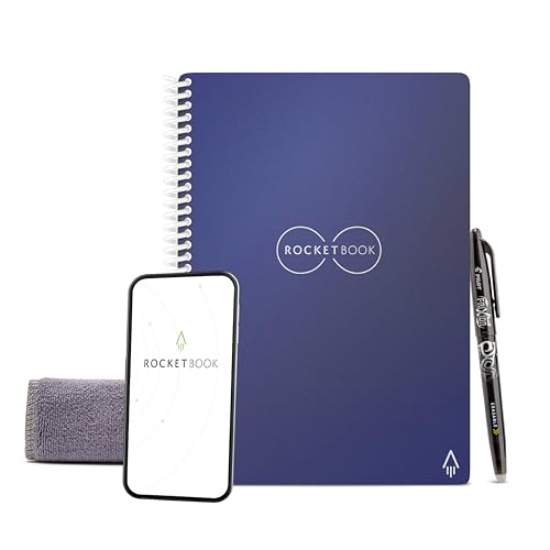 Rocketbook Core Wiederverwendbares Digitales Notizbuch - Executive A5 Blau - Elektronischer Notizblock mit Punktraster - Wiederbeschreibbar mit inkl. Pilot Frixion Stift und Mikrofasertuch von Rocketbook