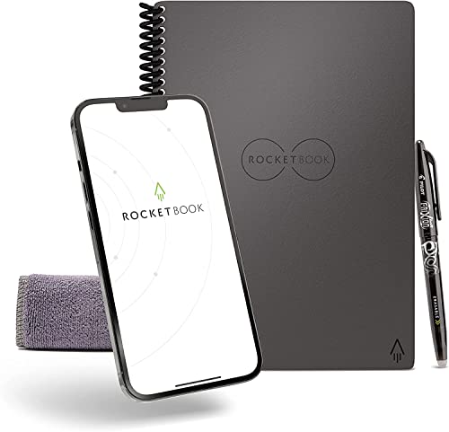 Rocketbook Core Wiederverwendbares Digitales Notizbuch - Executive A5 Grau - Elektronischer Notizblock mit Punktraster - Wiederbeschreibbar mit inkl. Pilot Frixion Stift und Mikrofasertuch von Rocketbook