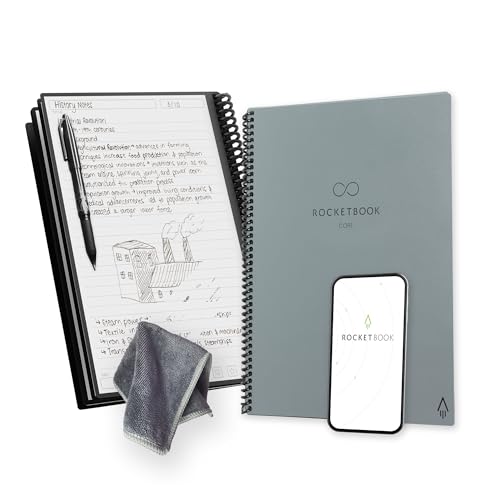 Rocketbook Core Wiederverwendbares Digitales Notizbuch - Letter A4 Deep Space Grey, Elektronischer Notizblock mit Linierten Seiten, Wiederbeschreibbar mit inkl. Pilot Frixion Stift und Mikrofasertuch von Rocketbook