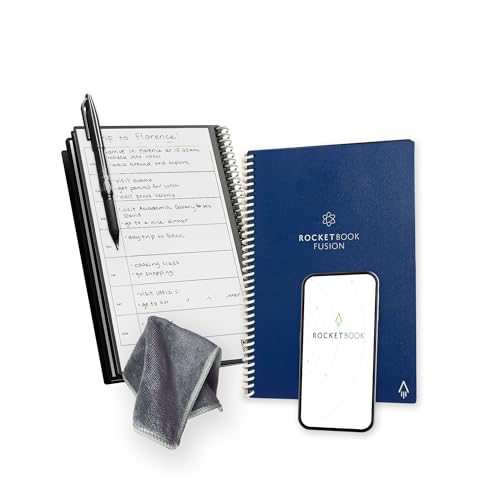 Rocketbook Fusion Smart Wiederverwendbares Notizbuch, Kalender, To-Do-Listen und Notizvorlagenseiten mit 1 Pilot FriXion-Stift und 1 Mikrofasertuch, Executive-Größe, Mitternachtsblau von Rocketbook