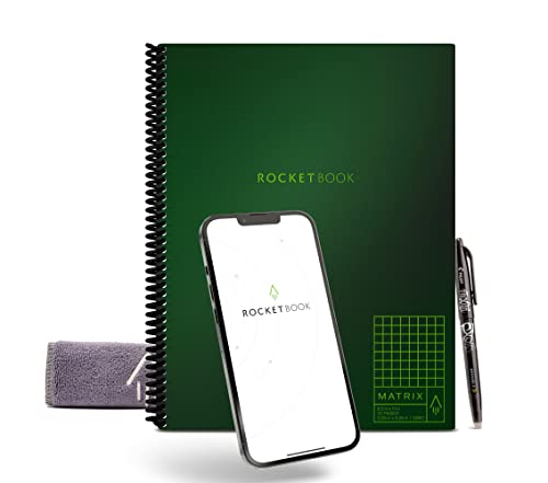 Rocketbook Matrix Digitales Notizbuch Millimeterpapier Seiten - Wiederverwendbarer Notizblock - 21,6 x 27,9cm - Wiederbeschreibbar mit inkl. Pilot Frixion Stift und Mikrofasertuch - Grun von Rocketbook