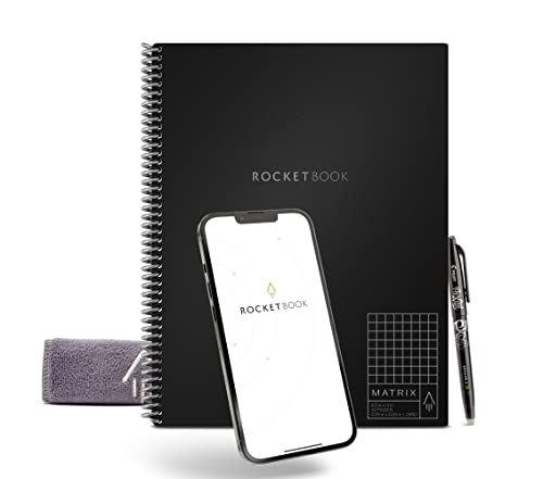 Rocketbook Matrix Digitales Notizbuch Millimeterpapier Seiten - Wiederverwendbarer Notizblock - 21,6 x 27,9cm - Wiederbeschreibbar mit inkl. Pilot Frixion Stift und Mikrofasertuch von Rocketbook