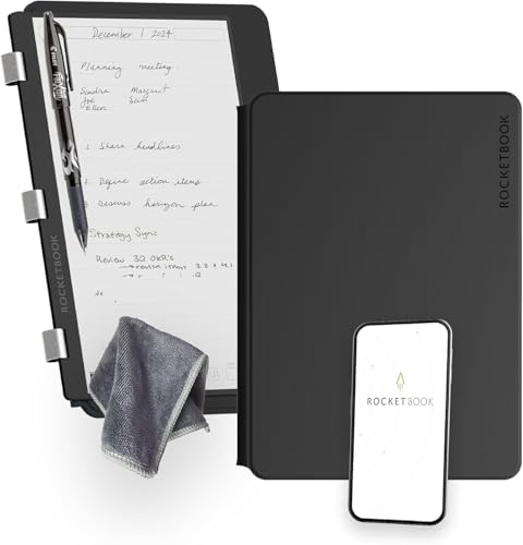 Rocketbook PRO 2.0 Wiederverwendbares Digitales Notizbuch A4 Schwarz Elektronischer Notizblock mit 20 Blatt Liniert und mit Punktraster, Hardcover Veganes Leder mit inkl. Pilot Frixion Stift von Rocketbook