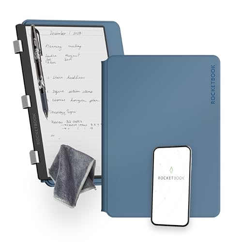 Rocketbook PRO 2.0 Wiederverwendbares Digitales Notizbuch A4 Stahlblau Elektronischer Notizblock mit 20 Blatt Liniert und mit Punktraster, Hardcover Veganes Leder mit inkl. Pilot Frixion Stift von Rocketbook