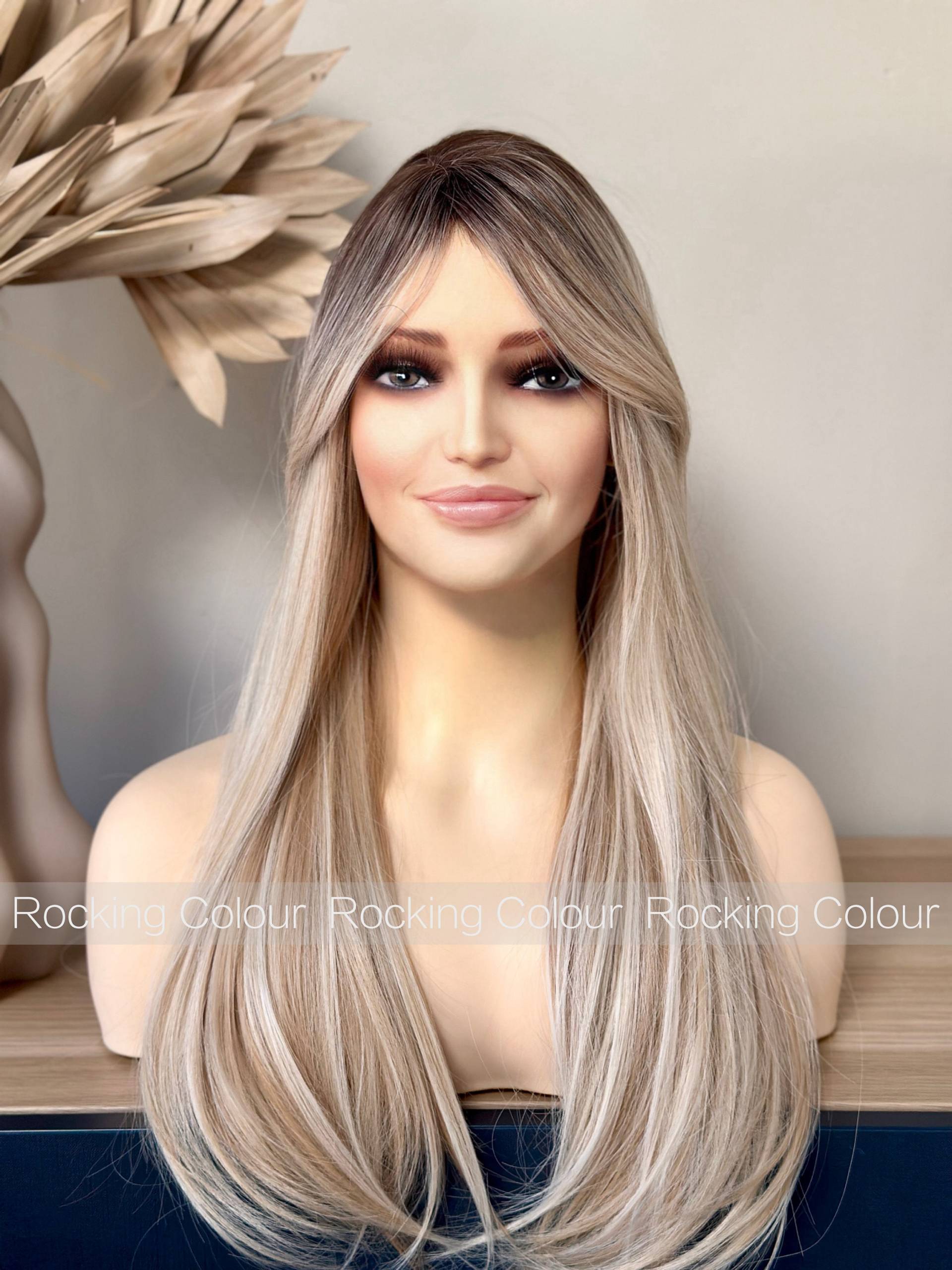 Blonde Ombre Gerade Perücke Mit Side Pony/24-Zoll-Dark Root Fringe.free Cap von RockingColour