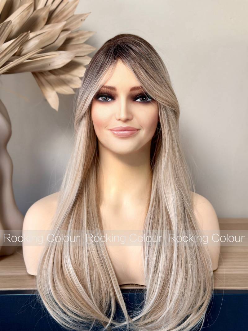 Blonde Ombre Gerade Perücke Mit Side Pony/24-Zoll-Dark Root Fringe.free Cap von RockingColour