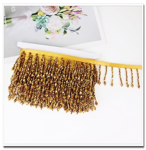 Rockreyoa 1 Yard 6cm Perle Schnittfranse Hängende Perlen Fransen Quaste Fransenborte Fransenband Fransenborte mit Perlen Perle Schnittfranse Anhänger Quaste Dekoborte Quaste Fransenband Gold von Rockreyoa