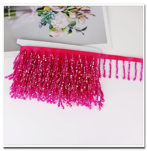 Rockreyoa 1 Yard 6cm Perle Schnittfranse Hängende Perlen Fransen Quaste Fransenborte Fransenband Fransenborte mit Perlen Perle Schnittfranse Anhänger Quaste Dekoborte Quaste Fransenband Rosa von Rockreyoa