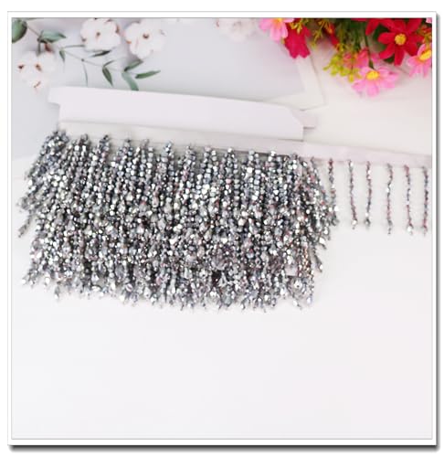 Rockreyoa 1 Yard 6cm Perle Schnittfranse Hängende Perlen Fransen Quaste Fransenborte Fransenband Fransenborte mit Perlen Perle Schnittfranse Anhänger Quaste Dekoborte Quaste Fransenband Silber von Rockreyoa