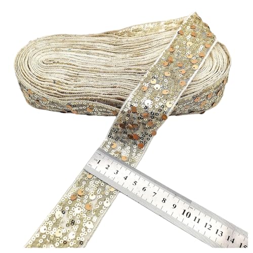 Rockreyoa 10 Yards Pailletten Bänder Glitzer-Paillettenbesatz Dekoration Band Flache Glitzerband Borten Elastischer Spitzenbesatz Stoff Ribbon Trim Spitzenband Breites Band Stoffbesatz Marille 40mm von Rockreyoa