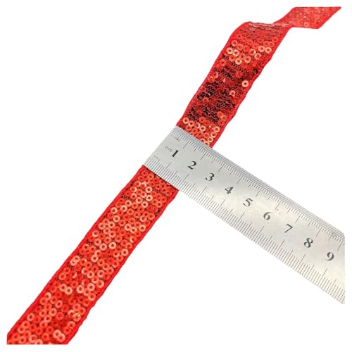 Rockreyoa 10 Yards Pailletten Bänder Glitzer-Paillettenbesatz Dekoration Band Flache Glitzerband Borten Elastischer Spitzenbesatz Stoff Ribbon Trim Spitzenband Breites Band Stoffbesatz Rot 20mm von Rockreyoa