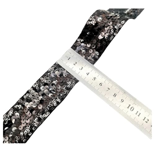 Rockreyoa 10 Yards Pailletten Bänder Glitzer-Paillettenbesatz Dekoration Band Flache Glitzerband Borten Elastischer Spitzenbesatz Stoff Ribbon Trim Spitzenband Breites Band Stoffbesatz Schwarz 40mm von Rockreyoa