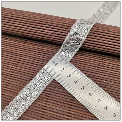 Rockreyoa 10 Yards Pailletten Bänder Glitzer-Paillettenbesatz Dekoration Band Flache Glitzerband Borten Elastischer Spitzenbesatz Stoff Ribbon Trim Spitzenband Breites Band Stoffbesatz Silver 20mm von Rockreyoa