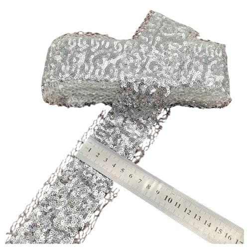 Rockreyoa 10 Yards Pailletten Bänder Glitzer-Paillettenbesatz Dekoration Band Flache Glitzerband Borten Elastischer Spitzenbesatz Stoff Ribbon Trim Spitzenband Breites Band Stoffbesatz Silver# 50mm von Rockreyoa