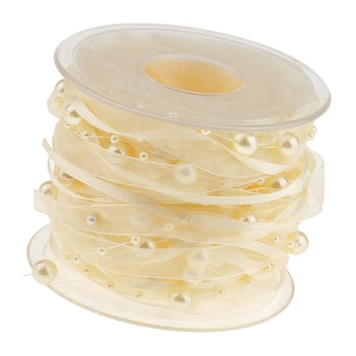 Rockreyoa 10M Perlenband mit Chiffon-Band Perlengirlande Organzaband Perle String Satinband Perlenkette Perlen Schnur Dekoband für DIY Basteln Party Tischdeko Hochzeit Geburtstags 10mm Beige von Rockreyoa