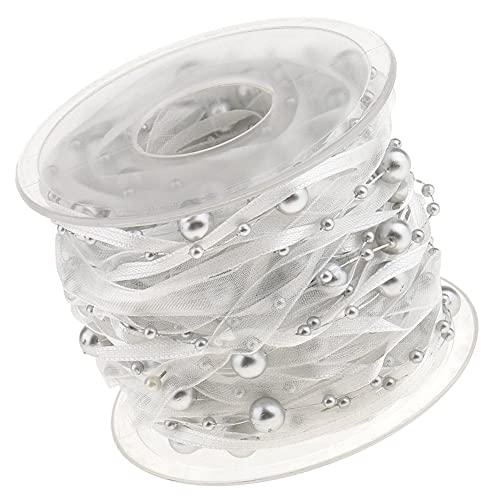 Rockreyoa 10M Perlenband mit Chiffon-Band Perlengirlande Organzaband Perle String Satinband Perlenkette Perlen Schnur Dekoband für DIY Basteln Party Tischdeko Hochzeit Geburtstags 10mm Silber von Rockreyoa