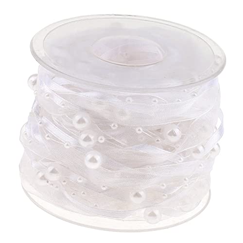 Rockreyoa 10M Perlenband mit Chiffon-Band Perlengirlande Organzaband Perle String Satinband Perlenkette Perlen Schnur Dekoband für DIY Basteln Party Tischdeko Hochzeit Geburtstags 10mm Weiß von Rockreyoa