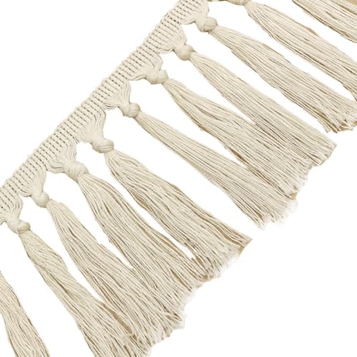 Rockreyoa 11cm Baumwolle Quaste Spitzenband Fransenborte Spitzenbesatz Fransen Trim für DIY Kostüme Kleidung Vorhang Nähen Bastelzubehör Tischdecke Wohnaccessoires Hochzeit Deko Beige 10 Yards von Rockreyoa