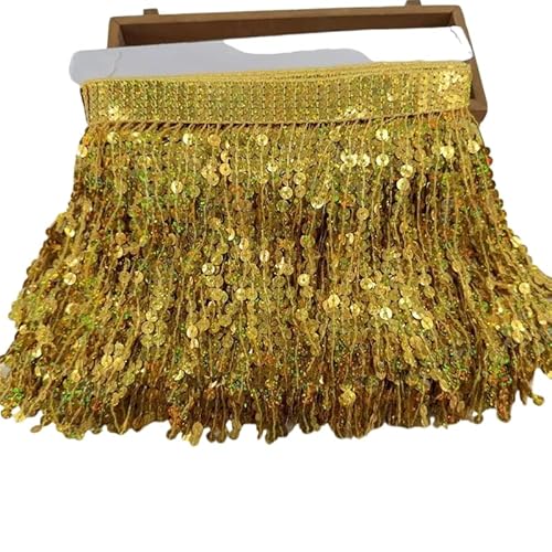 Rockreyoa 15cm Pailletten-Quastenbesatz Tanzfransen Spitzenfransen Bunte Fransenborte Taillenkette Quaste Fransenborte Geschnitten Quaste Deko Quaste Fransen Zierquaste Meterware Gold 1 Yard von Rockreyoa