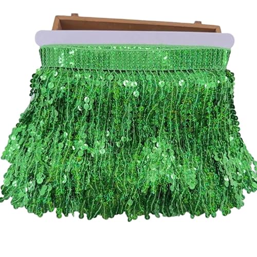 Rockreyoa 15cm Pailletten-Quastenbesatz Tanzfransen Spitzenfransen Bunte Fransenborte Taillenkette Quaste Fransenborte Geschnitten Quaste Deko Quaste Fransen Zierquaste Meterware Grasgrün 1 Yard von Rockreyoa