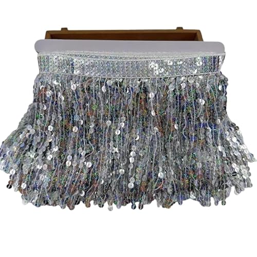 Rockreyoa 15cm Pailletten-Quastenbesatz Tanzfransen Spitzenfransen Bunte Fransenborte Taillenkette Quaste Fransenborte Geschnitten Quaste Deko Quaste Fransen Zierquaste Meterware Silber 3 Yard von Rockreyoa